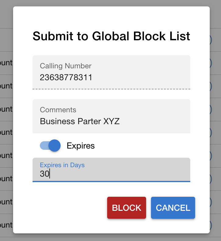 Screenshot showing the Block dialog with expiration settings