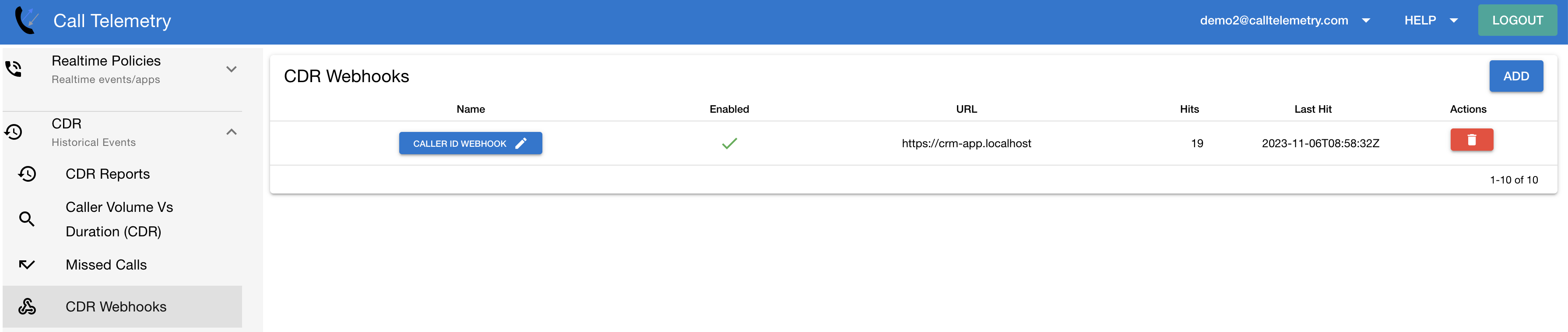Screenshot showing CDR webhook hits and statistics