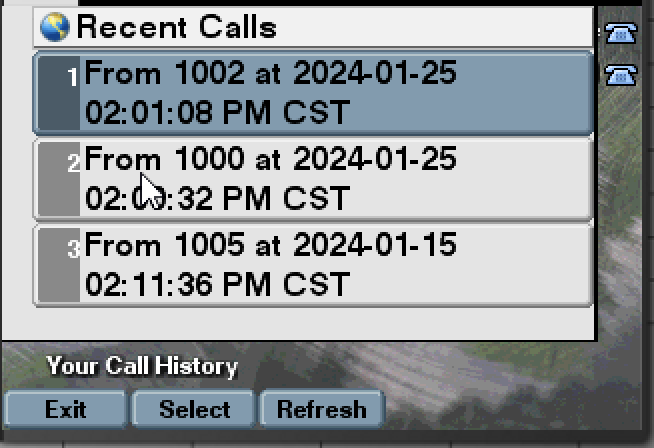Screenshot of Cisco IP Phone XML Recent menu